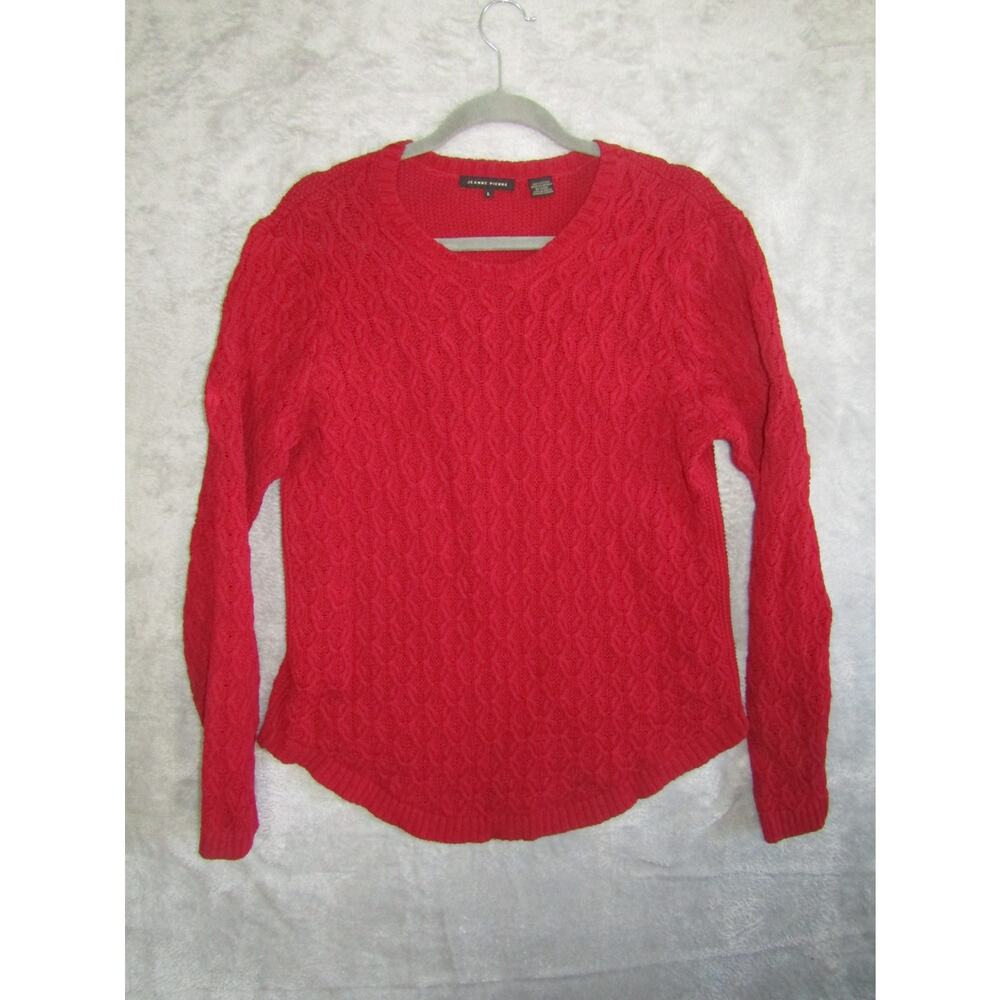 Jeanne Pierre Red Cable Knit Sweater Women's‎ Size L 100% Cotton Crew Neck Cozy